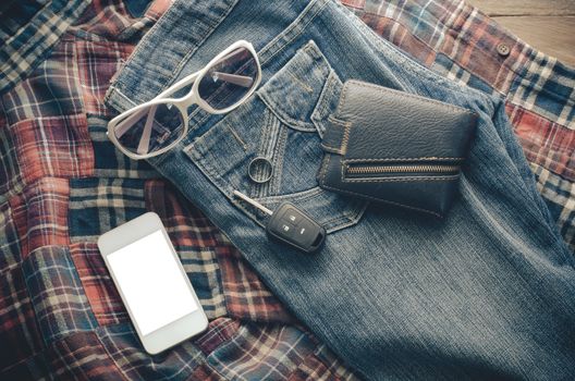 Clothing accessories, glasses, wallet, smart-phone,shirts , jeans, car key