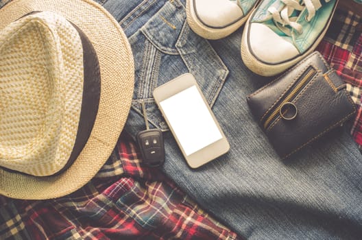Clothing accessories, shirts, jeans and sneakers smartphone wallet.smart phone
