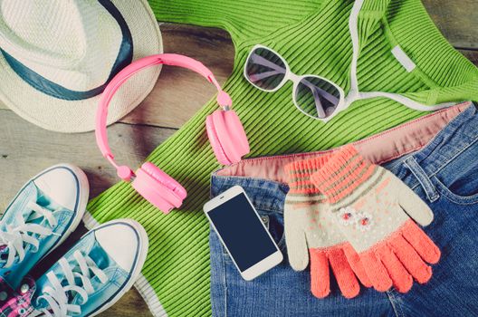 Travel accessories, clothes Wallet, glasses, phone headset, shoes hat, Ready for travel