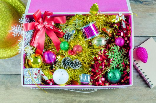 The Christmas decorations in a box.