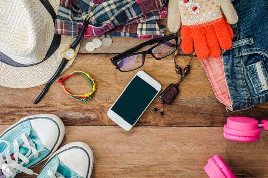 Travel accessories, clothes Wallet, glasses, phone headset, shoes hat,watch, Ready for travel.