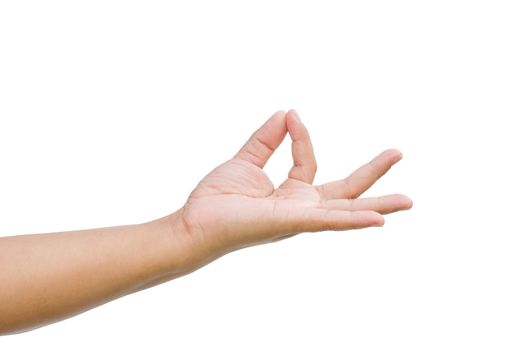 Hand gestures are pulling something on a white background.