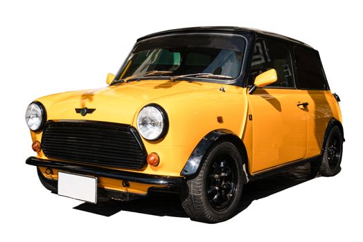 Yellow mini cooper isolated on white background, Antique European Car