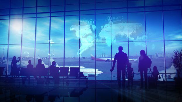 Silhouettes of the family stand in front of a large window in the airport departure hall before a big trip.