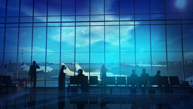 Silhouettes stand in front of a large window in the airport departure hall before a big trip.