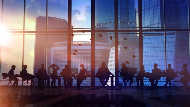 Silhouettes of employees led by their leader in a large office in front of a panoramic window.