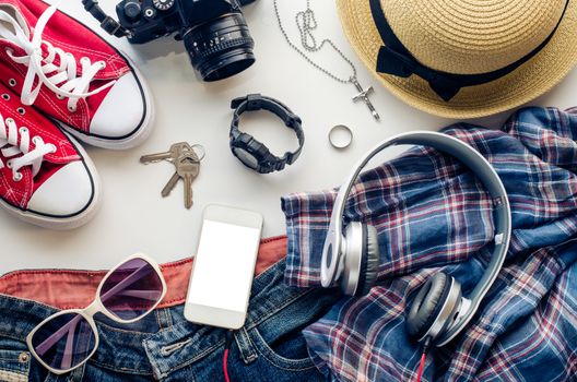 Travel Clothing accessories Apparel along for the trip on white background