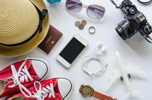 Tourism planning and costume for the trip on white background