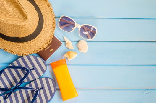 Accessories costume with travel for summer on blue wooden floor