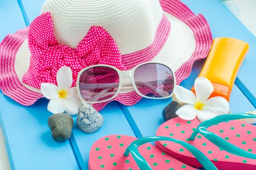 Accessories costume with travel for summer on blue wooden floor