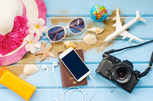 Accessories costume with travel for summer on blue wooden floor