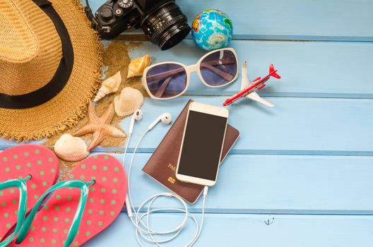 Accessories costume with travel for summer on blue wooden floor