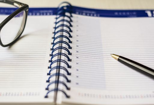 Eyeglasses and a pen on a blank spiral diary agenda. Business and time schedule concept