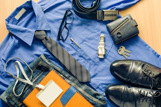 Costume for work and accessory on a wood floor