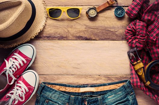 Travel Clothing accessories Apparel on wooden floor