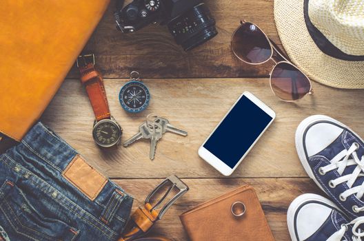 Travel Clothing accessories Apparel on wooden floor