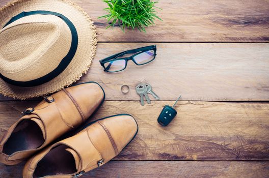 Apparel accessory for men on the wooden floor - tone vintage