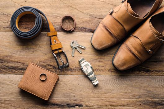 accessories for men on the wooden floor
