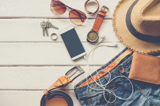 Travel Clothing accessories Apparel along for the trip on white wood floor