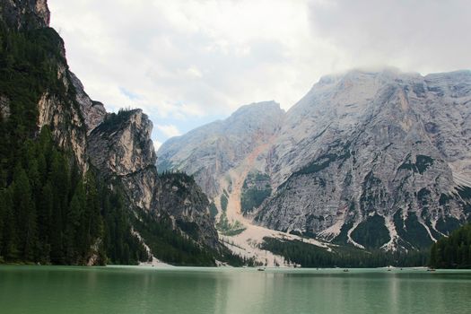 The emerlad water of lake of Braies in Alto Adige, Italy