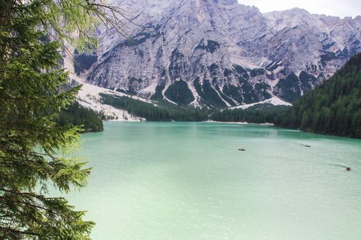 The emerlad water of lake of Braies in Alto Adige, Italy