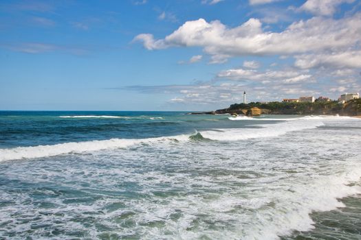 View of la grande plage, the great beach of Biarritz, Pyrenees-Atlantiques, France, in summer.