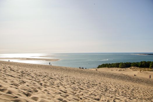 view of the sandy  dune of pilat and arcachon basin in france, aquitaine.
