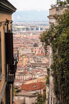 View of the city of Naples from the Old stairs in the city of Naples called Pedamantina, Unesco world heritage. 
