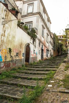 View of the city of Naples from the Old stairs in the city of Naples called Pedamantina, Unesco world heritage. 
