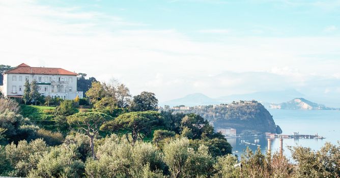 Landscape of Posillipo, Naples gulf, with Nisida island, and Capo Miseno, Naples, Italy