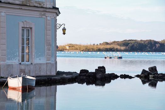 The elegant Casina Vanvitelliana on lake Fusaro, Pozzuoli, Naples, Italy