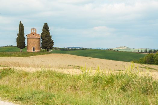 AT SAN QUIRICO D'ORCIA - ON 04/25/2017 - The little church of Vitaleta in Val d'Orcia, Siena, Italy