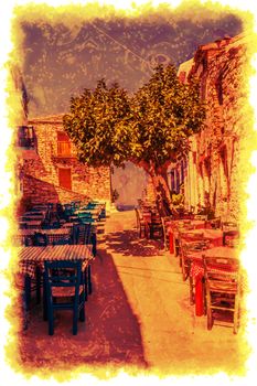 Alonissos Greek Island traditional village. Retro style.