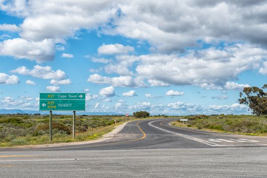 A directional sign at the intersection between roads R399 and R27 near Velddrif in the Western Cape Province of South Africa
