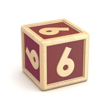 Number 6 SIX wooden alphabet blocks font rotated. 3D render illustration isolated on white background