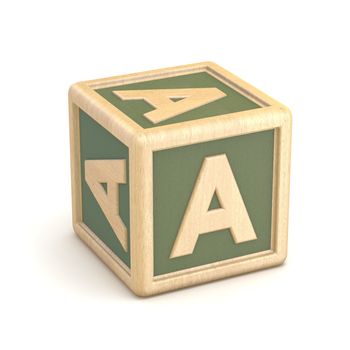 Letter A wooden alphabet blocks font rotated. 3D render illustration isolated on white background