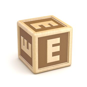Letter E wooden alphabet blocks font rotated. 3D render illustration isolated on white background