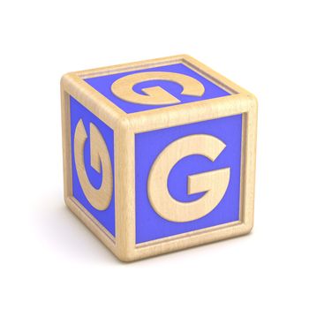 Letter G wooden alphabet blocks font rotated. 3D render illustration isolated on white background