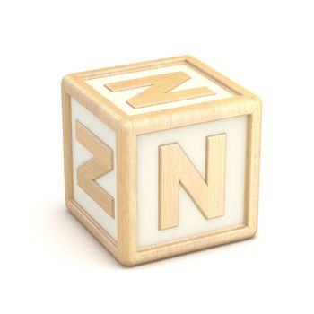 Letter N wooden alphabet blocks font rotated. 3D render illustration isolated on white background