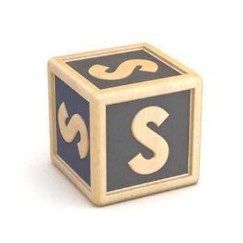 Letter S wooden alphabet blocks font rotated. 3D render illustration isolated on white background