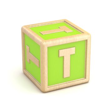 Letter T wooden alphabet blocks font rotated. 3D render illustration isolated on white background