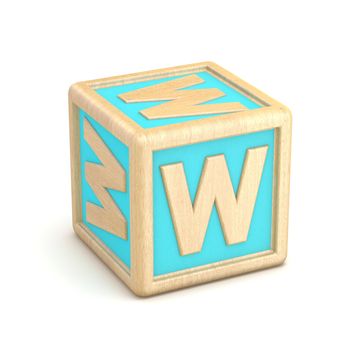 Letter W wooden alphabet blocks font rotated. 3D render illustration isolated on white background