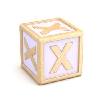 Letter X wooden alphabet blocks font rotated. 3D render illustration isolated on white background