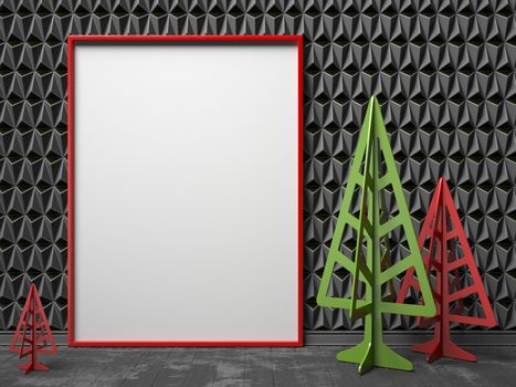 Mock-up red canvas frame, and Christmas trees. 3D render illustration on black triangulated background