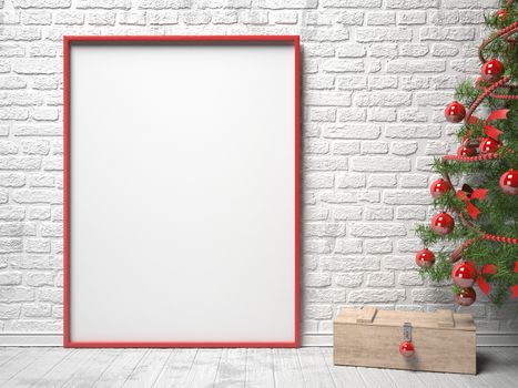Mock up blank picture frame, Christmas decoration and wooden box. 3D render illustration