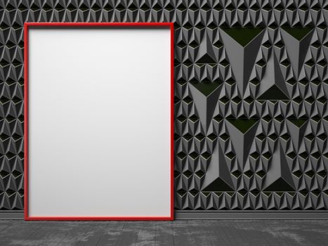 Blank, red, picture frame on black triangulated background. Mock up render illustration