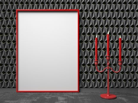 Blank picture frame and red candlestick on black triangulated background. Mock up render illustration