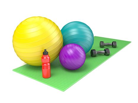 Fitness ball, dumbbells and plastic water bottle on green yoga mat. Side view. 3D render illustration isolated on white background