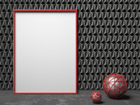 Blank picture frame on black triangulated background. Mock up render illustration