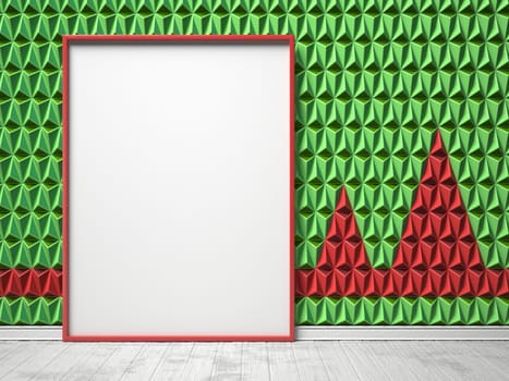 Blank picture frame on green and red triangulated background. Mock up render illustration